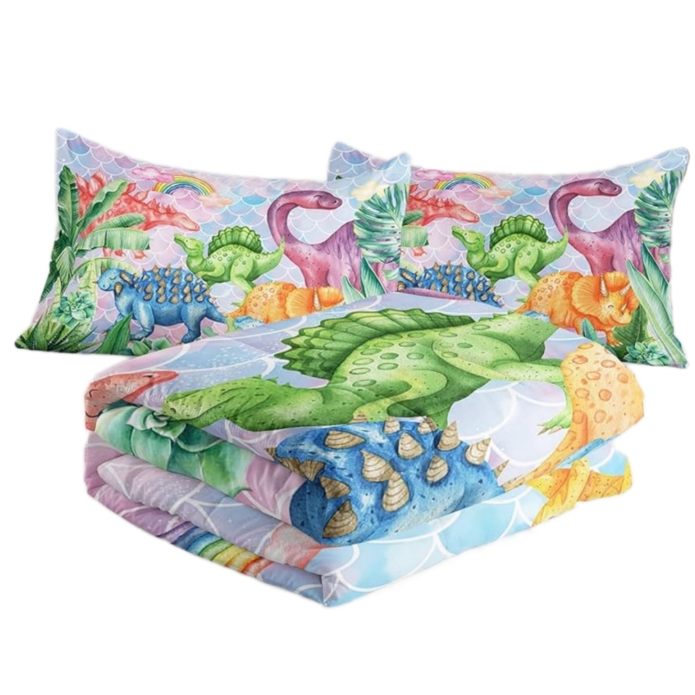 3 Pc Bedding Set w/Comforter/Shams - Rainbow Cartoon Dinosaur Print - Twin NEW